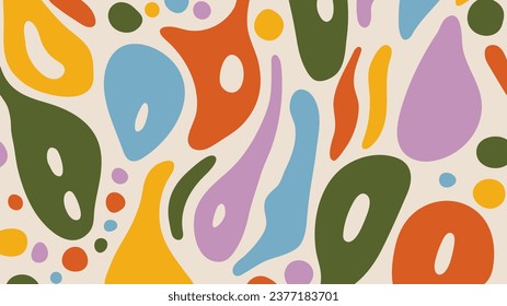 Fondo funky de colores vivos dibujado a mano con formas orgánicas. Figuras abstractas y puntos en el fondo beige. Diseño a la moda de doodle. Cobertura minimalista contemporánea de estilo retro hippie.