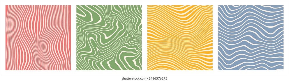 Hand drawn colorful funky groovy, hippie backgrounds, square patterns set. Marble stains. Distorted uneven stripes, warped streaks, fluid liquid wavy lines, doodle waves. Striped templates collection.