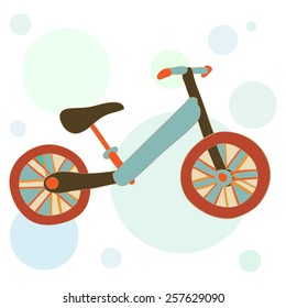 Hand drawn colorful funny run bike. Kid's bike. Abstract background. Vector illustration.