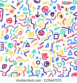 Hand drawn colorful geometric border pattern and lines bundle on white background. Vector illustration