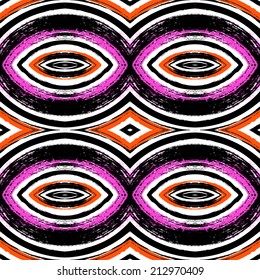 Hand drawn colorful geometric pattern with circling brush strokes in vintage style. Seamless vector background in  pink, orange, black colors