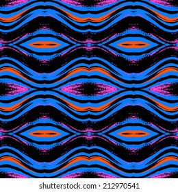 Hand drawn colorful geometric pattern with waving brush strokes in vintage style. Seamless vector background in dark blue, pink, orange, black colors