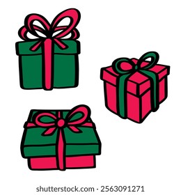 Hand drawn colorful gift boxes with tied ribbon wrappings, red and green, isolated on white background. Doodle flat color presents. Vintage style hand painted gift illustrations. Graphic Illustration.