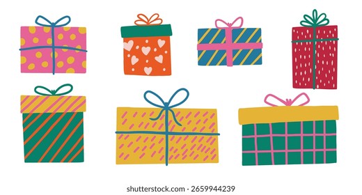 Handgezeichnete bunte Geschenkbox-Kollektion. Set von Doodle-Geschenkboxen.