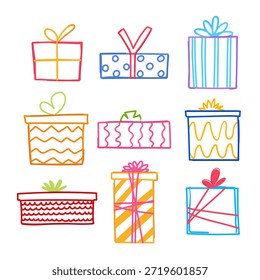 Cajas de regalo coloridas dibujadas a mano y regalos envueltos con cintas y lazos. Mostrando una colección de ilustraciones de estilo doodle que representan días festivos. Celebración. Fiesta. Y Elementos de diseño festivos