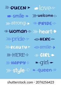 Hand drawn colorful girls words in arrows. Different styles and colors.