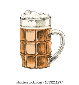 Hand drawn colorful glass of beer. Vector illustration in retro style