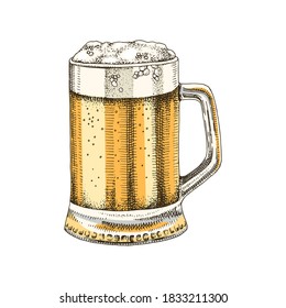 Hand drawn colorful glass of beer. Vector illustration in retro style