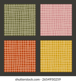 Conjunto cuadrado de cuadrícula de colores dibujado a mano. Colección de fondo a cuadros con color retro y textura curvy gingham. Ilustración vectorial para las redes sociales.