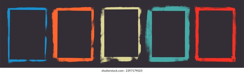 Hand drawn colorful grunge frames with distress damaged edge. Vector grunge frames for photo collage, stories, posters and social network media. Vintage geometric shapes. Rectangular borders.