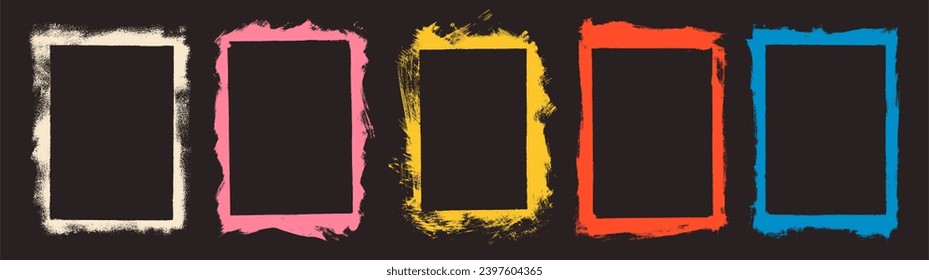 Hand drawn colorful grunge frames with distress damaged edge. Vector grunge frames for photo collage, stories, posters and social network media. Vintage geometric shapes. Rectangular borders.