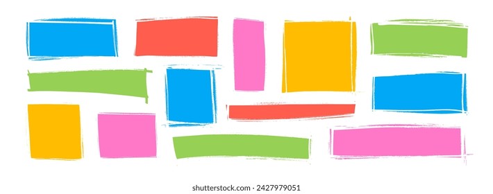 Hand drawn colorful grunge rectangles and squares. Colored childish style frames, borders or templates for text. Set of grunge square and rectangle template backgrounds. Abstract rough shapes.