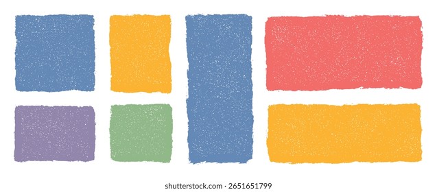 Hand drawn colorful grunge rectangles and squares with rough textured edges. Crayon drawn geometric shapes, empty speech bubbles, vector text boxes for notes. Abstract childlike design elements