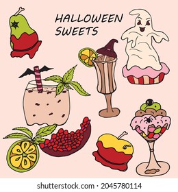 Hand drawn colorful halloween isolated  set of cartoon doodle form candies and sweets, cakes and desserts. Popular sweets for halloween. Vector illustration for coloring pages.