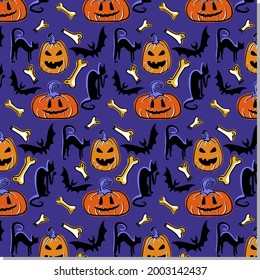 Patrón vector de halloween pintado a mano con gatos negros y calabazas.