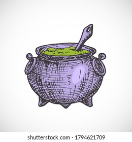 Hand Drawn Colorful Halloween Witch Cauldron Vector Illustration. Abstract Sketch Holiday Engraving Style Drawing. Isolated.