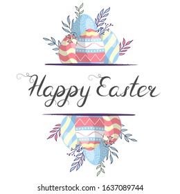 Hand drawn colorful Happy Easter border with eggs composition and lettering. Cute floral holiday greeting card, invitation frame with branches.