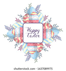 Hand drawn colorful Happy Easter frame with eggs, branches and lettering. Cute floral composition for holiday greeting card or invitation.