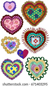 Hand drawn colorful hearts. Set of stickers. Icon set.
