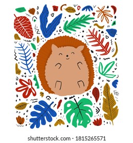 Hand drawn colorful Hedgehog with different leaves. Cute kids style template design. Vector