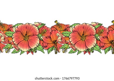 Hand drawn colorful hibiscus flowers seamless brushe. Floral endless borders. Isolated on white background. Vector illustration.