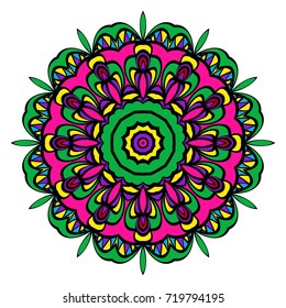 Hand drawn colorful holiday Mandala on a white background. Vector oriental round pattern. for coloring page, greeting card, invitation, tattoo, yoga and spa symbol