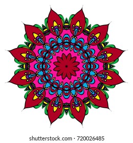 Hand drawn colorful holiday Mandala on a white background. Vector oriental round pattern. for coloring page, greeting card, invitation, tattoo, yoga and spa symbol