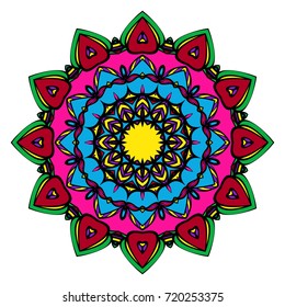 Hand drawn colorful holiday Mandala on a white background. Vector oriental round pattern. for coloring page, greeting card, invitation, tattoo, yoga and spa symbol