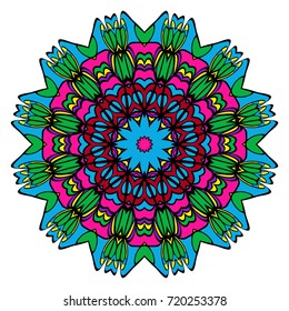 Hand drawn colorful holiday Mandala on a white background. Vector oriental round pattern. for coloring page, greeting card, invitation, tattoo, yoga and spa symbol
