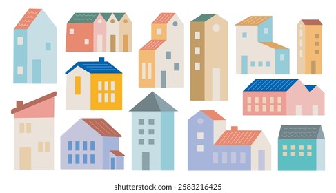 Hand Drawn Colorful House Doodle Set – Cute Pastel Residential and Urban Buildings Clipart for Architecture, Real Estate, and City Design Projects
