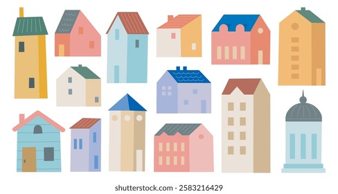 Hand Drawn Colorful House Doodle Set – Cute Pastel Residential and Urban Buildings Clipart for Architecture, Real Estate, and City Design Projects