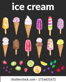 Hand drawn colorful ice cream cones and popsicles with fruit slices and berries on grunge blackboard background. For food design, packaging, menu.