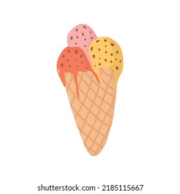 Hand drawn colorful ice cream flat style, vector illustration isolated on white background. Pink, yellow and red ice cream balls in a waffle cup, tasty food, dessert