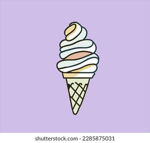 hand drawn colorful ice cream, isolated on purple background. Sketch, vector illustration.