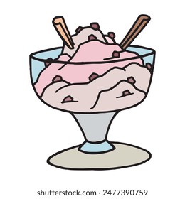Hand drawn colorful ice cream illustration symbol. Simple cold and refreshing and sweet food colored outline pen drawing detail. Sundae ice cream with chocolate sticks in a glass cup dessert clipart.