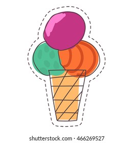 Hand drawn colorful ice cream with three balls-orange, pistachio green, purple in the waffle cup with black counter, dotted line. Free hand sticker, poster, card, T-shirt graphics.Vector illustration.