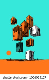 hand drawn colorful illustration of abstract modern futuristic buildings flying in the air