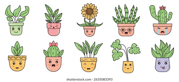 Hand drawn colorful illustration of cute indoor potted plants in a cozy and decorative style.