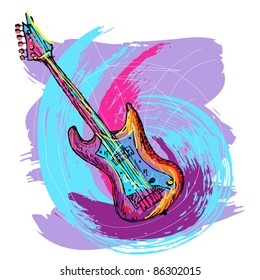 hand drawn colorful illustration of electric guitar, created as very artistic painterly style, for your design, easy to edit