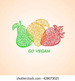 Hand drawn colorful illustration of isolated strawberry, pear and mango fruit silhouettes. Go vegan concept.