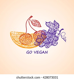 Hand drawn colorful illustration of isolated cherry, grapes and melon slice fruit silhouettes. Go vegan concept.