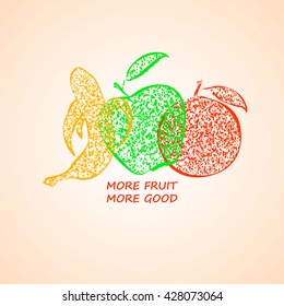 Hand drawn colorful illustration of isolated apple, banana and orange fruit silhouettes. 