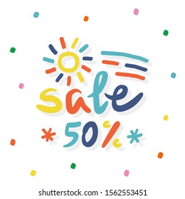 Hand drawn colorful illustration with lettering. Vector design element for seasonal sales.