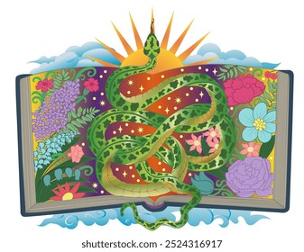 Hand drawn colorful illustration with open book, flowers and snake - symbol of the year according to eastern horoscope. Esoteric, gothic and mystic graphic artwork