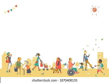 hand drawn colorful illustration, people and cityscape, diversity
