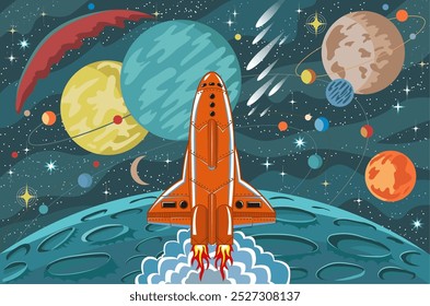 Dibujado a mano ilustración colorida con el futuro cohete espacial retro, nave espacial, planetas, estrellas y objetos, fondo de ciencia ficción