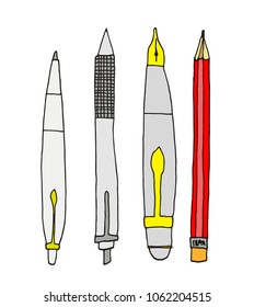 Hand drawn colorful illustration of various writing utensils pens and pencils