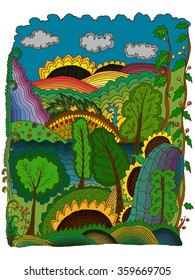 Hand drawn colorful image of a miracle rustic landscape. Can be used as wallpaper element, decoration of children toys and stuff, in public places design. Art therapy element.