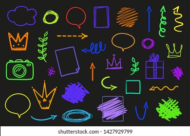 Hand drawn colorful infographic elements on black. Abstract different signs. Line art. Doodles for your design