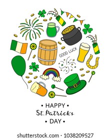 Hand drawn colorful items for Saint patrick's day celebration composed in circle shape with lettering.